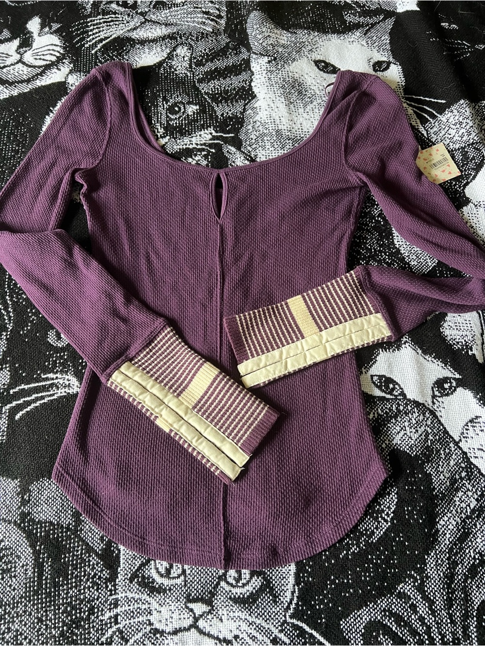 Free People Plum Off-Shoulder Thermal Top with Cream Cuff Stripes